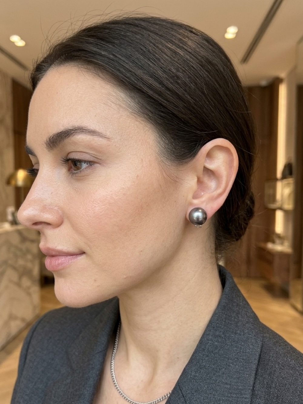 Vintage Christian Dior Grey Faux Pearl Omega Back Earrings Silver Tone Signed - Picture 3 of 10